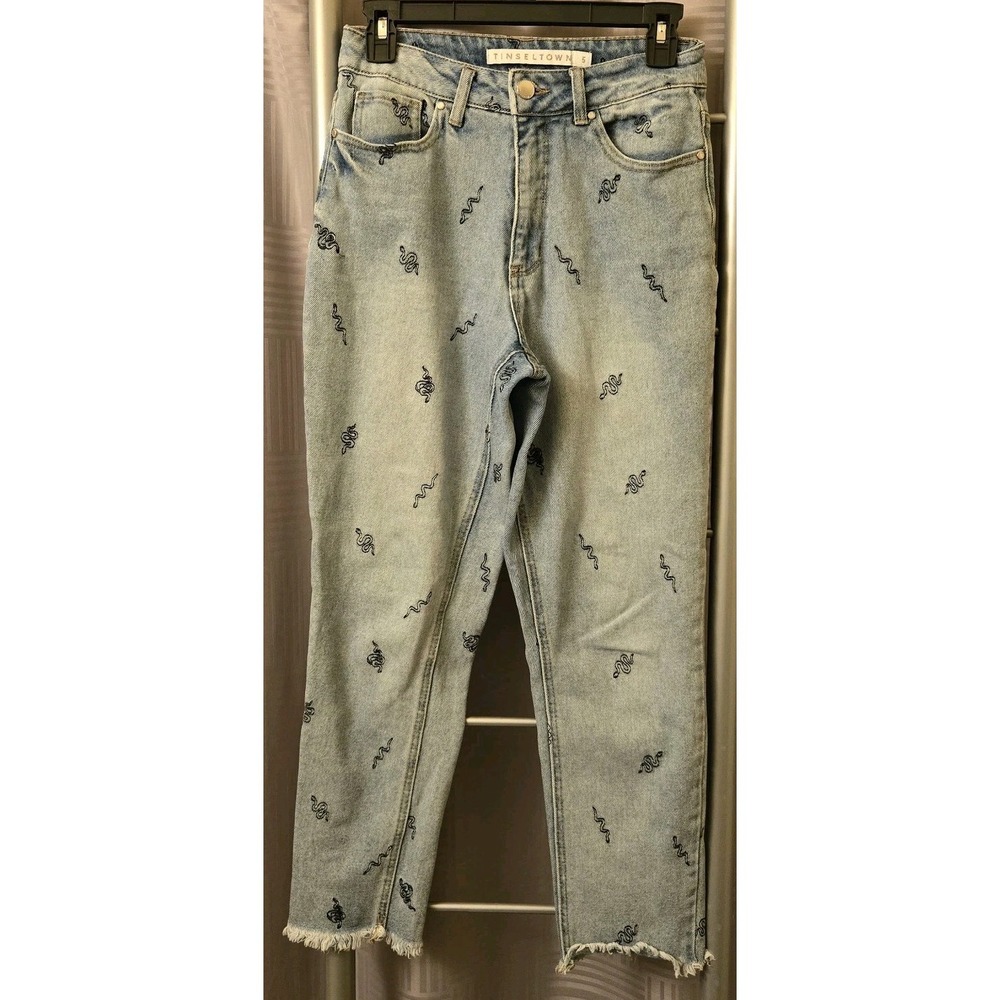 Tinseltown Jeans Size 5 Women Embroidered Snakes Y2K Frayed Hem Denim